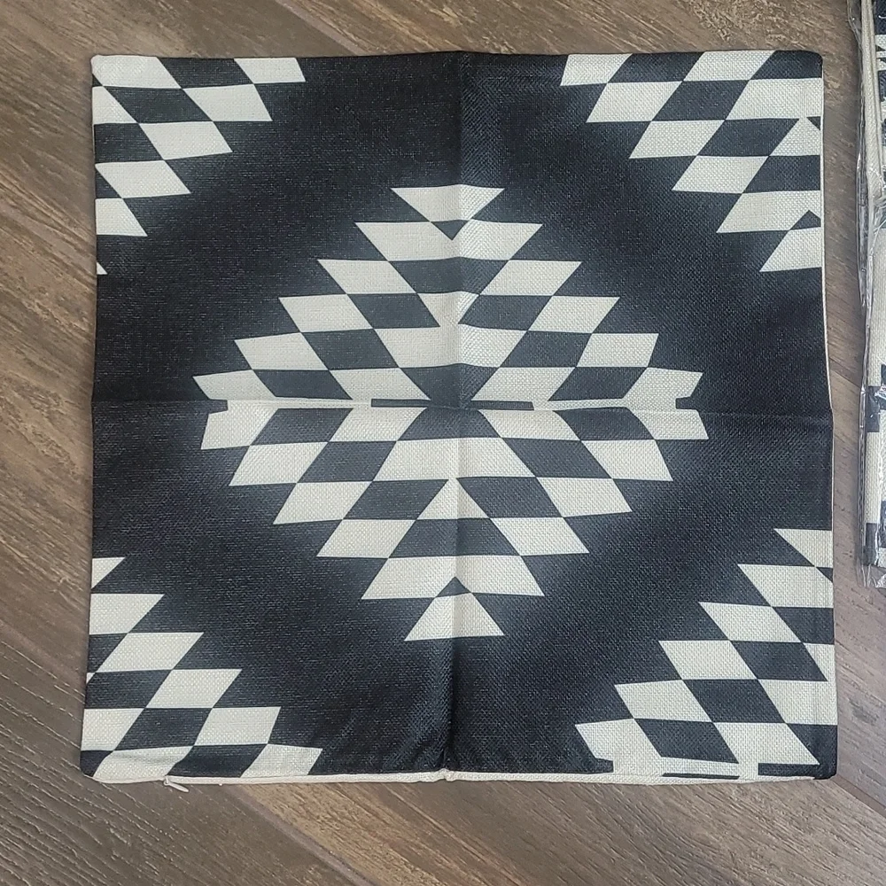 Geometric Jute Pillow Cases Set of 4 Black Cream